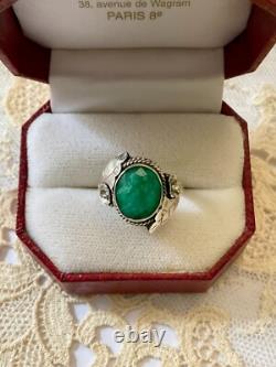 Antique Art Deco Solid Silver Ring with Genuine Emerald Cabochon