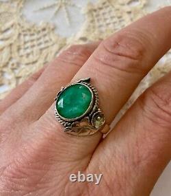 Antique Art Deco Solid Silver Ring with Genuine Emerald Cabochon