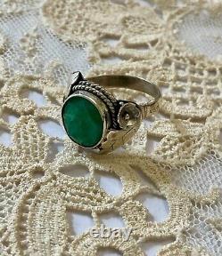 Antique Art Deco Solid Silver Ring with Genuine Emerald Cabochon