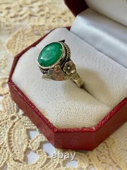 Antique Art Deco Solid Silver Ring with Genuine Emerald Cabochon