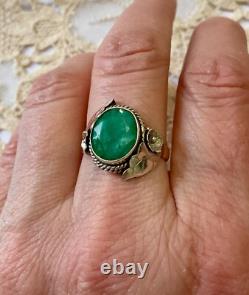 Antique Art Deco Solid Silver Ring with Genuine Emerald Cabochon