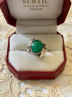 Antique Art Deco Solid Silver Ring with Genuine Emerald Cabochon