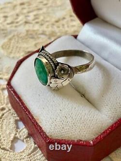 Antique Art Deco Solid Silver Ring with Genuine Emerald Cabochon