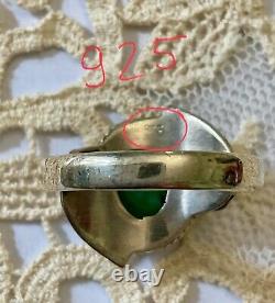 Antique Art Deco Solid Silver Ring with Genuine Emerald Cabochon
