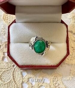 Antique Art Deco Solid Silver Ring with Genuine Emerald Cabochon