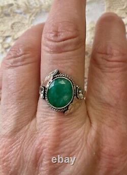 Antique Art Deco Solid Silver Ring with Genuine Emerald Cabochon