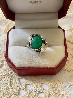 Antique Art Deco Solid Silver Ring with Genuine Emerald Cabochon