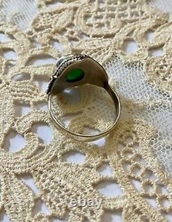 Antique Art Deco Solid Silver Ring with Genuine Emerald Cabochon