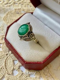 Antique Art Deco Solid Silver Ring with Genuine Emerald Cabochon