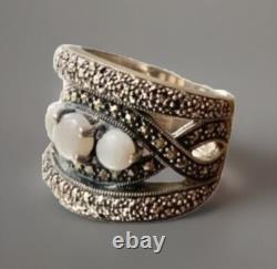 Antique Art Deco Solid Silver Ring with Opals & Marcasites Size 56 (1.8 mm)