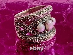 Antique Art Deco Solid Silver Ring with Opals & Marcasites Size 56 (1.8 mm)
