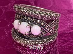 Antique Art Deco Solid Silver Ring with Opals & Marcasites Size 56 (1.8 mm)