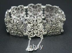 Antique Art Nouveau XIX Century Cuff Bracelet in Solid Silver Set with Marcasites
