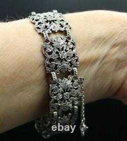 Antique Art Nouveau XIX Century Cuff Bracelet in Solid Silver Set with Marcasites