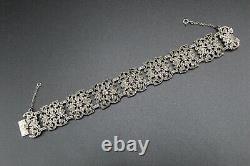 Antique Art Nouveau XIX Century Cuff Bracelet in Solid Silver Set with Marcasites