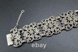 Antique Art Nouveau XIX Century Cuff Bracelet in Solid Silver Set with Marcasites
