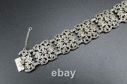 Antique Art Nouveau XIX Century Cuff Bracelet in Solid Silver Set with Marcasites