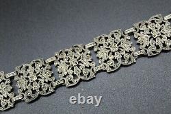 Antique Art Nouveau XIX Century Cuff Bracelet in Solid Silver Set with Marcasites