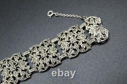 Antique Art Nouveau XIX Century Cuff Bracelet in Solid Silver Set with Marcasites