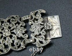 Antique Art Nouveau XIX Century Cuff Bracelet in Solid Silver Set with Marcasites