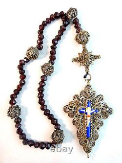 Antique Bavarian silver filigree enamel garnet rosary 19th century Germany