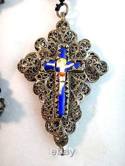 Antique Bavarian silver filigree enamel garnet rosary 19th century Germany