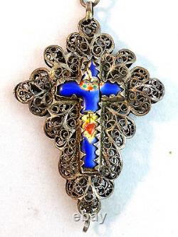 Antique Bavarian silver filigree enamel garnet rosary 19th century Germany