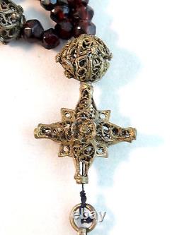 Antique Bavarian silver filigree enamel garnet rosary 19th century Germany