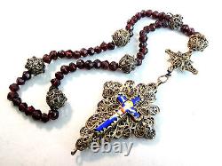 Antique Bavarian silver filigree enamel garnet rosary 19th century Germany