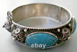 Antique Berber Turquoise Bracelet in Solid Silver with Crab Stamp, Kabyle Morocco