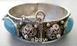 Antique Berber Turquoise Bracelet in Solid Silver with Crab Stamp, Kabyle Morocco