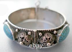 Antique Berber Turquoise Bracelet in Solid Silver with Crab Stamp, Kabyle Morocco
