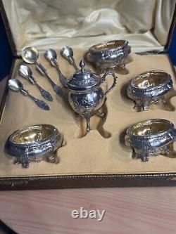 Antique Box with 4 Salt Cellars and a Mustard Pot in Solid Silver, Minerva Stamp