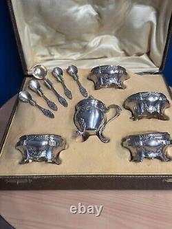 Antique Box with 4 Salt Cellars and a Mustard Pot in Solid Silver, Minerva Stamp