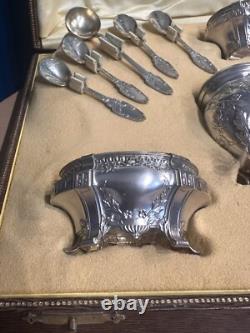 Antique Box with 4 Salt Cellars and a Mustard Pot in Solid Silver, Minerva Stamp