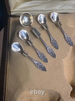 Antique Box with 4 Salt Cellars and a Mustard Pot in Solid Silver, Minerva Stamp