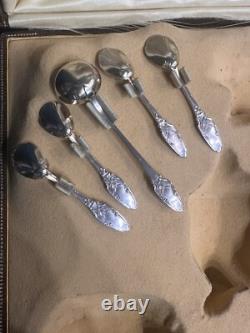 Antique Box with 4 Salt Cellars and a Mustard Pot in Solid Silver, Minerva Stamp