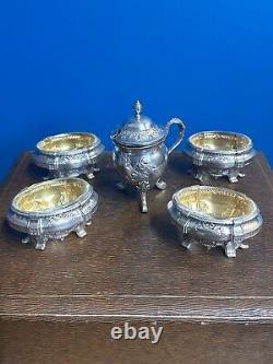 Antique Box with 4 Salt Cellars and a Mustard Pot in Solid Silver, Minerva Stamp