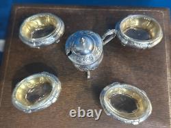 Antique Box with 4 Salt Cellars and a Mustard Pot in Solid Silver, Minerva Stamp