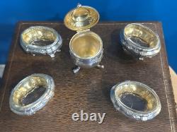 Antique Box with 4 Salt Cellars and a Mustard Pot in Solid Silver, Minerva Stamp