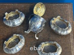 Antique Box with 4 Salt Cellars and a Mustard Pot in Solid Silver, Minerva Stamp