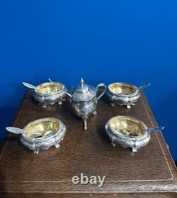 Antique Box with 4 Salt Cellars and a Mustard Pot in Solid Silver, Minerva Stamp