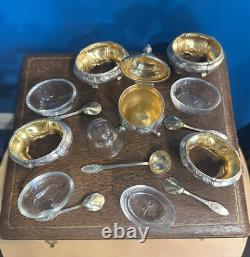 Antique Box with 4 Salt Cellars and a Mustard Pot in Solid Silver, Minerva Stamp