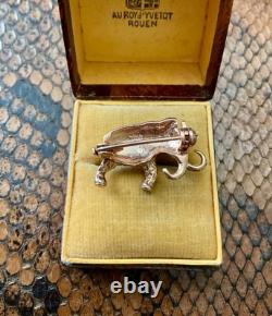 Antique Brooch Mammoth Vermeil Silver Rose Gold Real Sapphire Eye