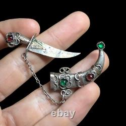 Antique Brooch Oriental Dagger in Solid Silver & Adorned with Stones & 19th Century