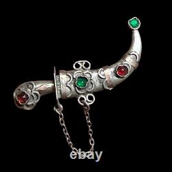 Antique Brooch Oriental Dagger in Solid Silver & Adorned with Stones & 19th Century