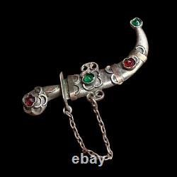 Antique Brooch Oriental Dagger in Solid Silver & Adorned with Stones & 19th Century