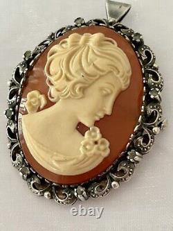 Antique Cameo 1920/25 Brooch and Pendant in Solid Silver and Diamonds
