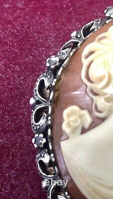 Antique Cameo 1920/25 Brooch and Pendant in Solid Silver and Diamonds