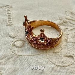 Antique Crown Ring with Beautiful Tourmaline, Sapphire, Solid Silver / Rose Gold Vermeil